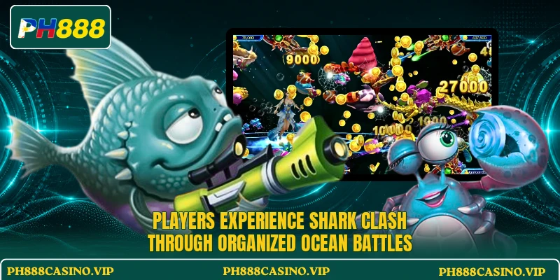 Players experience Shark Clash through organized ocean battles Players experience Shark Clash through organized ocean battles